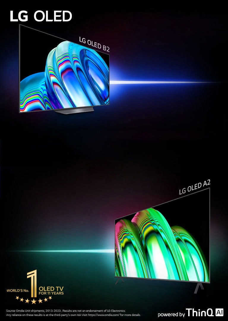 LG OLED B2 and LG OLED A2 stand against a black backdrop. LG OLED B2 tilts to the left and displays a blue abstract image. LG OLED A2 tilts to the right and displays a green abstract image.