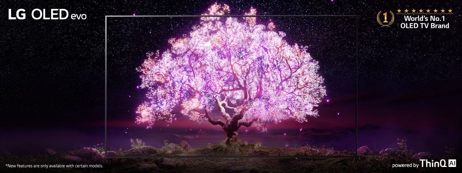 The scene where the OLED TV frame is overlapped with the image showing a tree shining in pink. The'World's No.1 OLED TV Brand' logo was placed on the upper right. The 'powered by ThinQ AI' logo was placed at the bottom right. 'LG OLED evo' logo was placed on the upper left corner