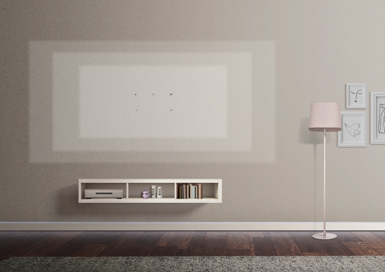 There are marks that describe the various size of ultra large tv on the wall in a living room where decorated with a pink stand, frames, and a tv table.