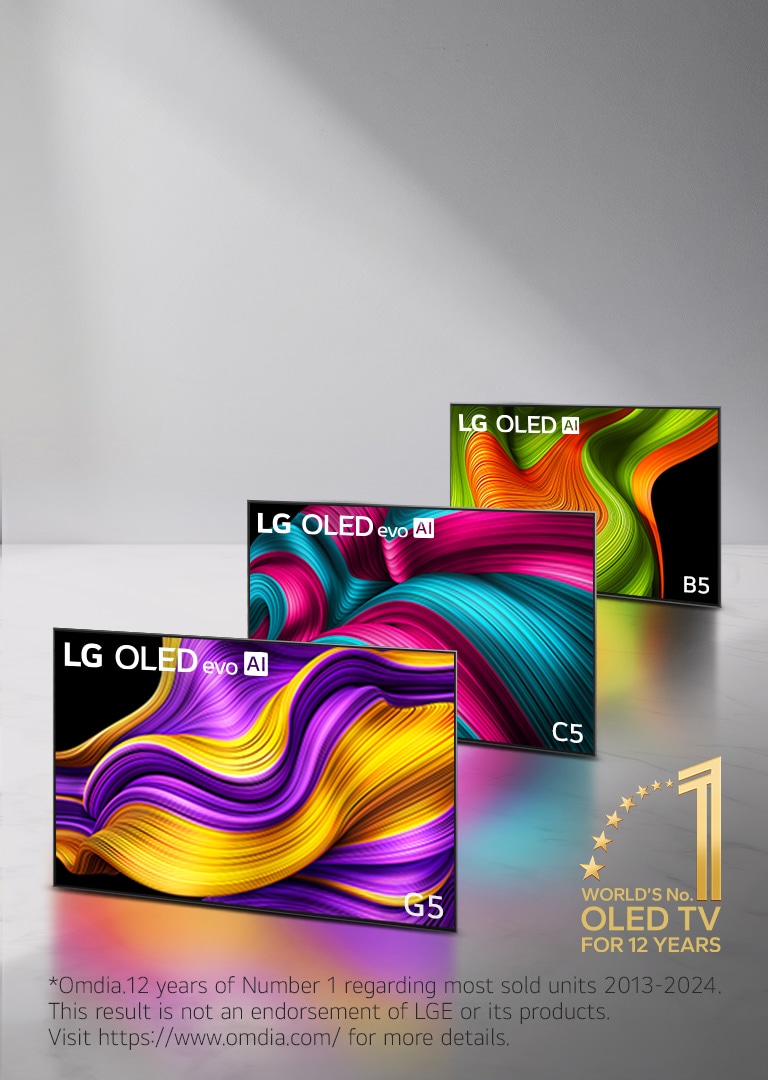 Lineup of three LG OLED evo AI TVs in formation, the C5, G5, and B5 TVs. The World’s number one OLED TV for 12 years emblem is at the corner. 