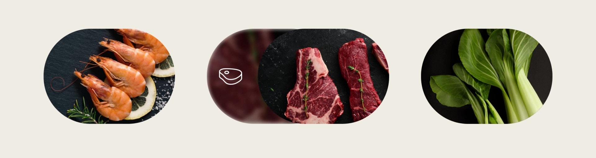 An animation showing various vegetables, seafood, and meats sliding horizontally across the screen.