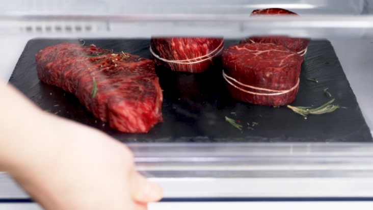 lg bottom freezer refrigerator with fresh converter feature, showcasing temperature control settings for storing meat, fish, and vegetables to maintain freshness.