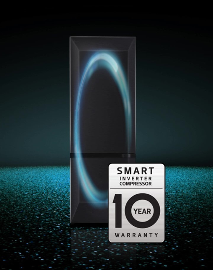 The lg bottom freezer refrigerator with a water dispenser features a 10-year warranty on the smart inverter compressor, which regulates the cooling in the refrigerator.