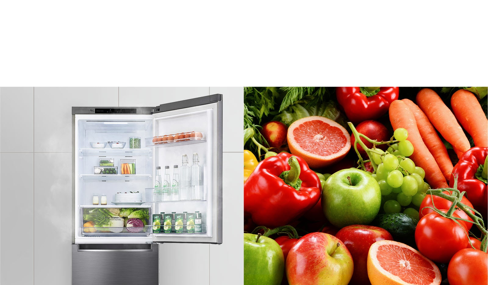 The first image shows the refrigerator with the top door open and filled with drinks and produce. The second image shows bright and vivid fruits and vegetables in a group.