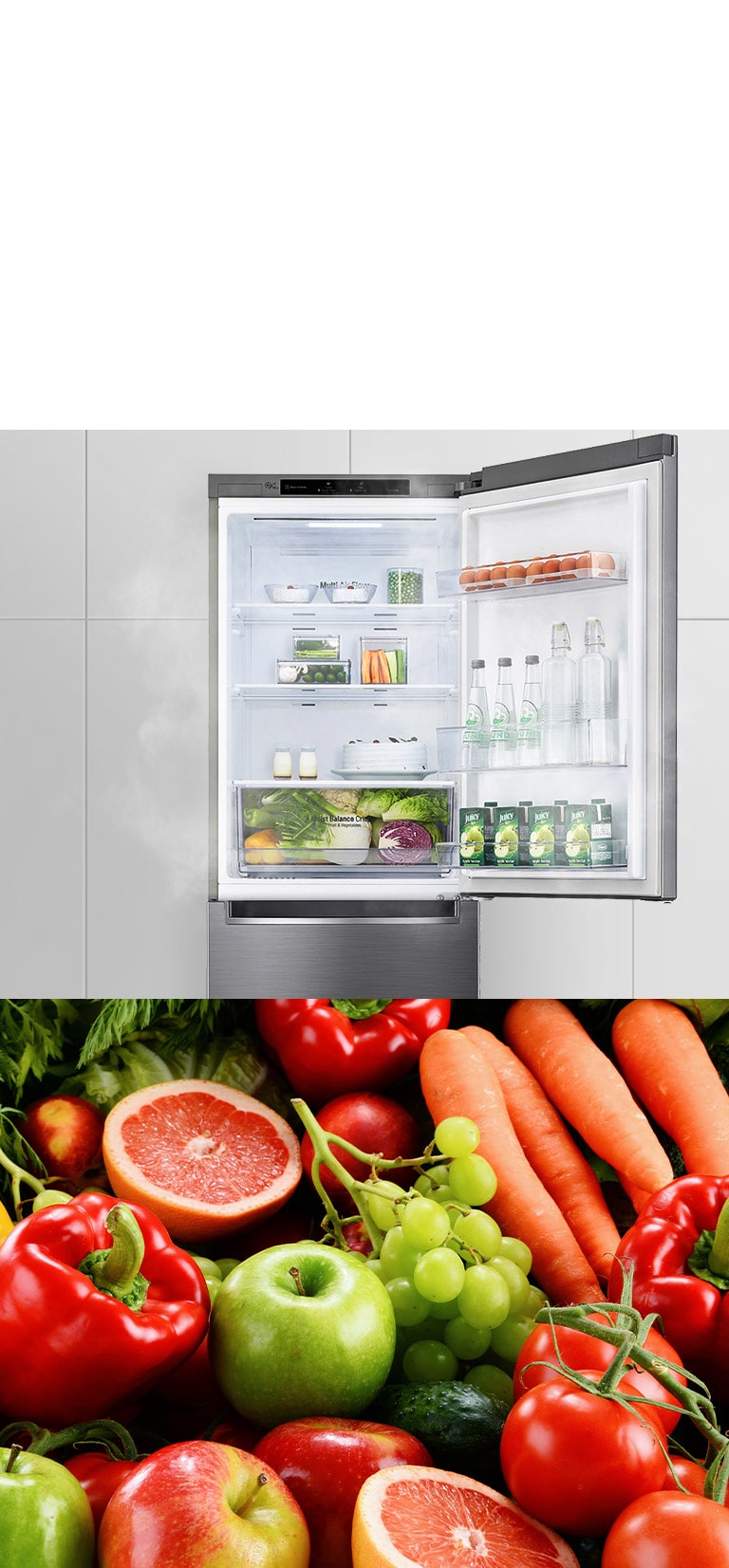 The first image shows the refrigerator with the top door open and filled with drinks and produce. The second image shows bright and vivid fruits and vegetables in a group.