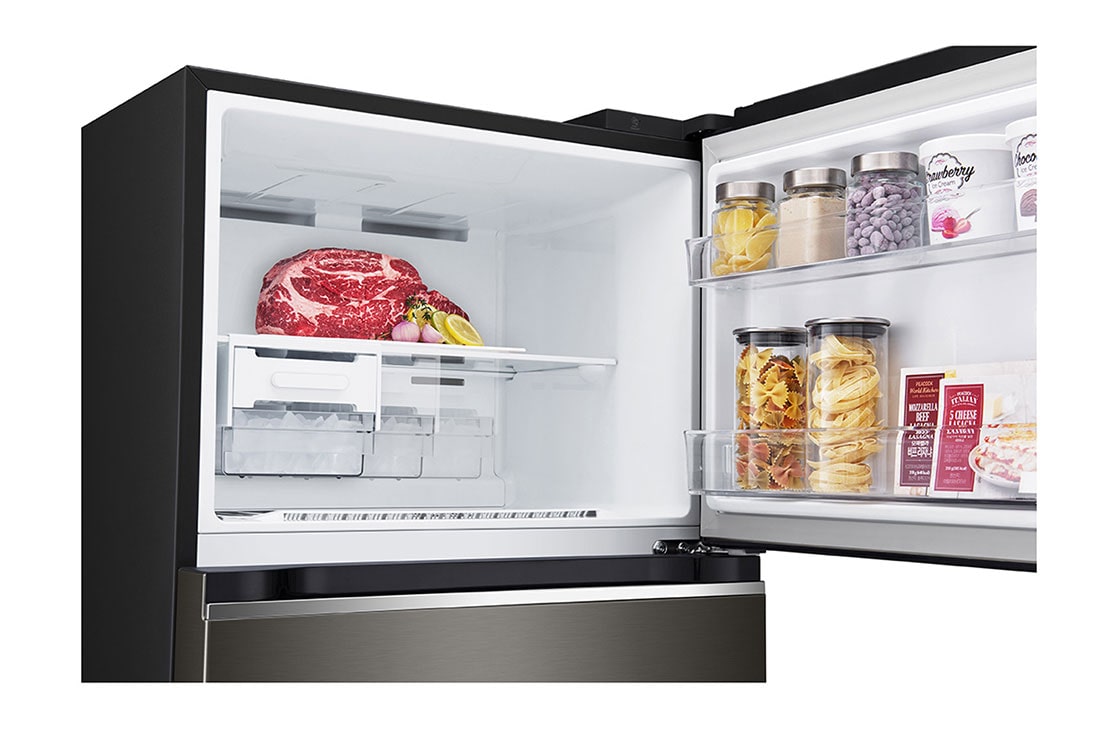 LG 315(L) | Top Freezer Refrigerator |Smart Inverter Compressor | LinearCooling™ | DoorCooling+™, top freezer opened with moving ice maker attached and food stored, GN-B312PXGB, thumbnail 6