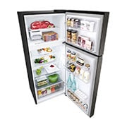 LG 315(L) | Top Freezer Refrigerator |Smart Inverter Compressor | LinearCooling™ | DoorCooling+™, top perspective open view with food stored, GN-B312PXGB, thumbnail 11