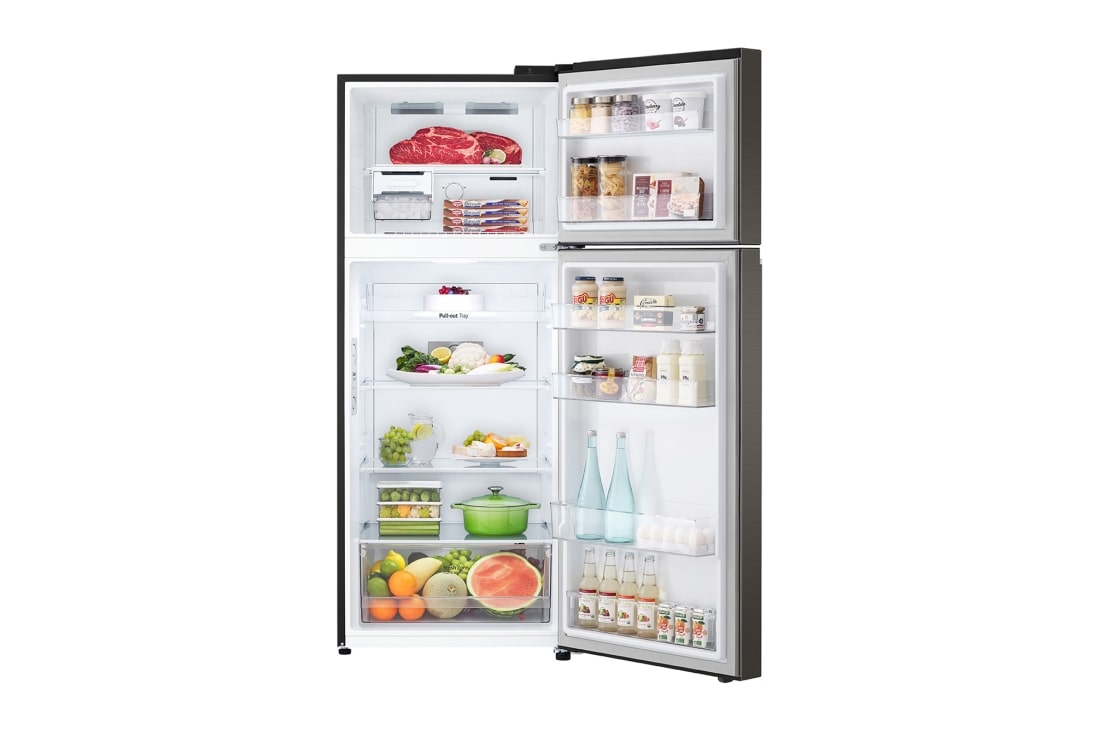 LG 395(L) | Top Freezer Refrigerator |Smart Inverter Compressor | LinearCooling™ | DoorCooling+™, front open view with food stored, GL-B492PXGB, thumbnail 2