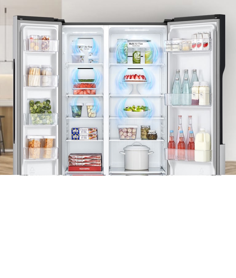 LG Refrigerator 519L Side by Side Doors Smart Inverter Compressor, Multi Air Flow, Total No Frost, Touch LED Display, LED Lightning, Tempered Glass, Silver GCFB507PQAM