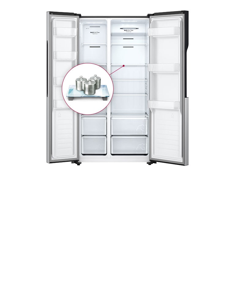 LG Refrigerator 519L Side by Side Doors Smart Inverter Compressor, Multi Air Flow, Total No Frost, Touch LED Display, LED Lightning, Tempered Glass, Silver GCFB507PQAM