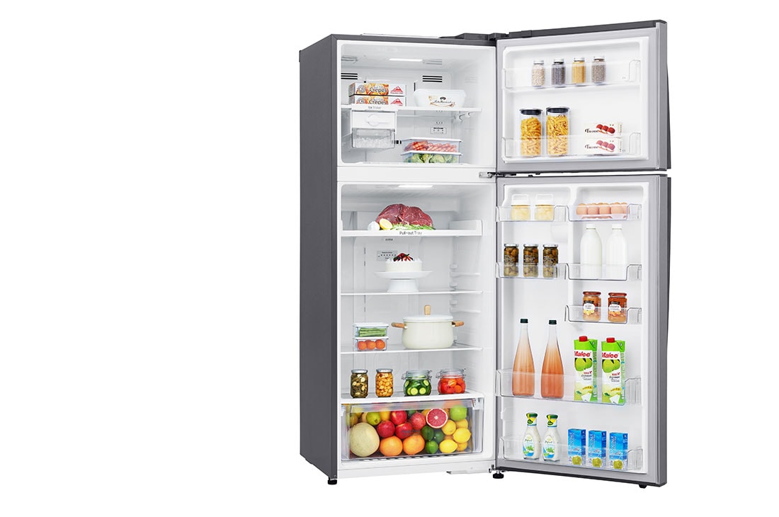 LG 438(L) | Top Freezer Refrigerator | Smart Inverter Compressor | NatureFRESH™ | LinearCooling™, left view door open with food, GL-C652HLCM, thumbnail 11