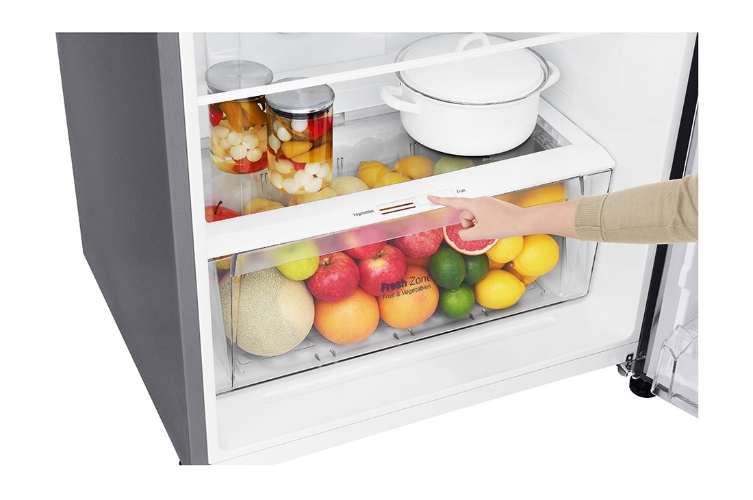 LG 438(L) | Top Freezer Refrigerator | Smart Inverter Compressor | NatureFRESH™ | LinearCooling™, bottom drawer view with food, GL-C652HLCM, thumbnail 6