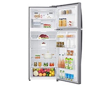 LG 438(L) | Top Freezer Refrigerator | Smart Inverter Compressor | NatureFRESH™ | LinearCooling™, front view open with food, GL-C652HLCM, thumbnail 2