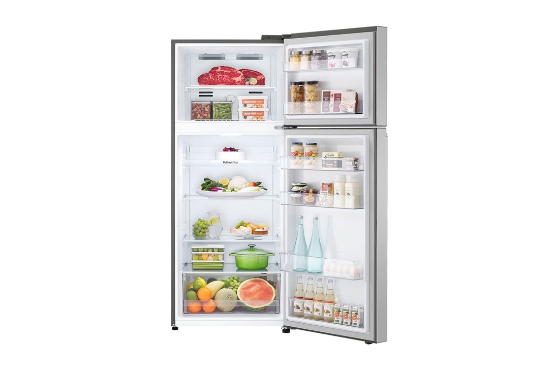 LG 375(L) | Top Freezer Refrigerator |Smart Inverter Compressor |LINEAR Cooling™ | Multi Air Flow, front open view with food stored, GN-B472PLMB, thumbnail 2