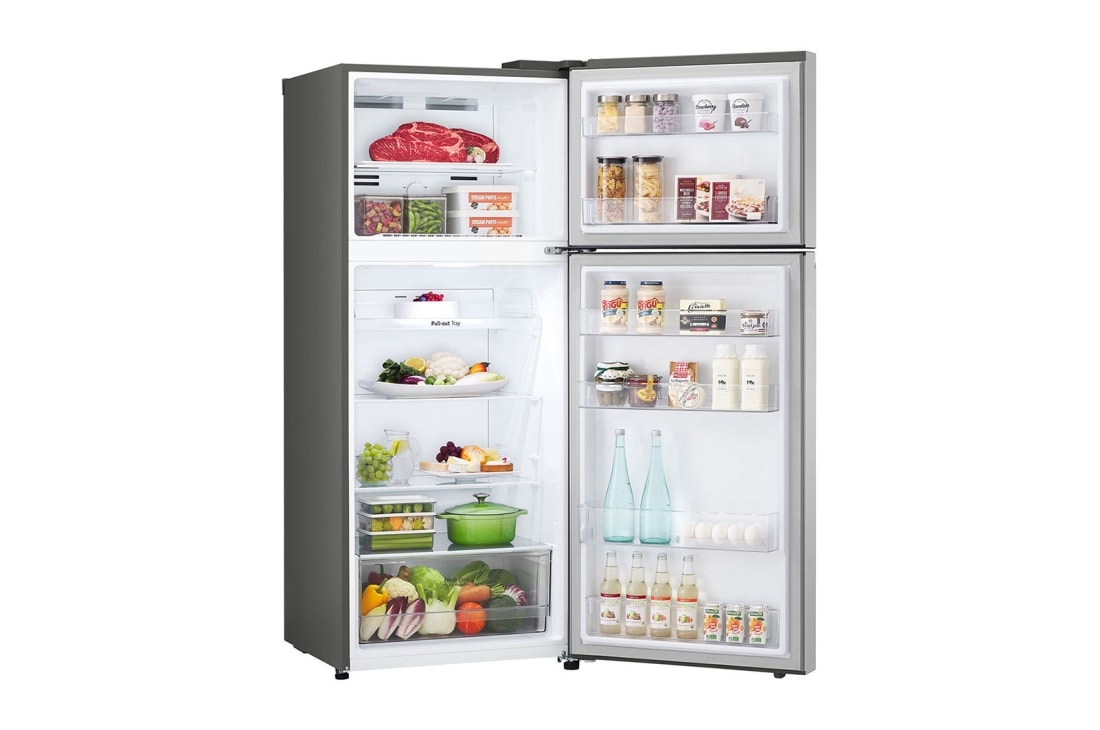LG 375(L) | Top Freezer Refrigerator |Smart Inverter Compressor |LINEAR Cooling™ | Multi Air Flow, right side open view with food stored, GN-B472PLMB, thumbnail 12