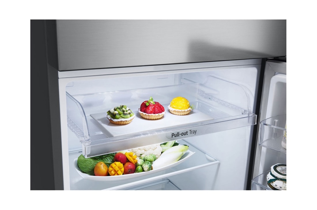 LG 375(L) | Top Freezer Refrigerator |Smart Inverter Compressor |LINEAR Cooling™ | Multi Air Flow, detail view of pull-out tray with food stored, GN-B472PLMB, thumbnail 5