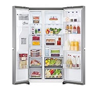 LG Door-in-Door™ ThinQ™ Side by Side 617L Refrigerator, UVnano™, LINEARCooling™, ThinQ™ in Silver color, front open food view, GC-L257KLKW, thumbnail 2