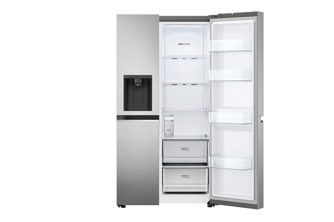 LG Door-in-Door™ ThinQ™ Side by Side 617L Refrigerator, UVnano™, LINEARCooling™, ThinQ™ in Silver color, front open view, GC-L257KLKW, thumbnail 8