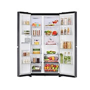 LG 674L Side-by-Side Refrigerator with Multi Air Flow, Multi Digital Sensors, Smart Diagnosis™, Matte Black Finish, 3-Star, Front all door open with food view, GC-B257KQJW, thumbnail 2