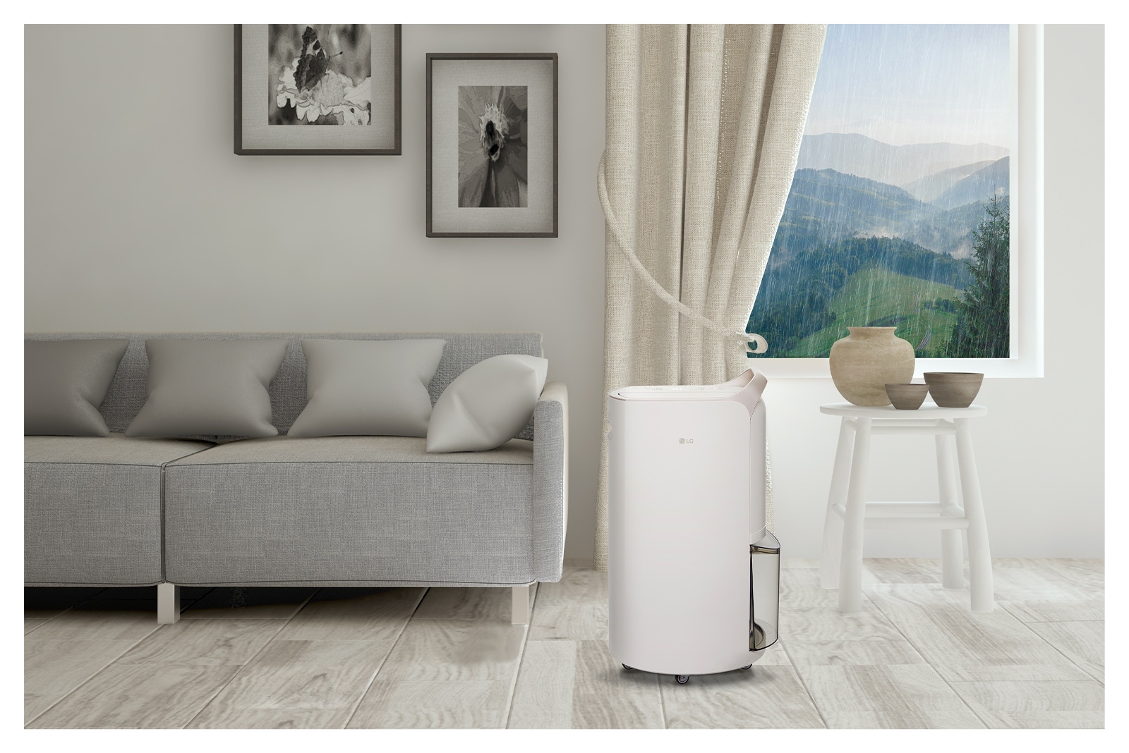 It shows calming beige color LG Puricare™ Dehumidifier is placed in a modern livingroom.