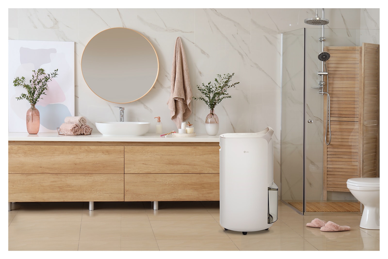 It shows calming beige color LG Puricare™ Dehumidifier is placed in a bathroom.