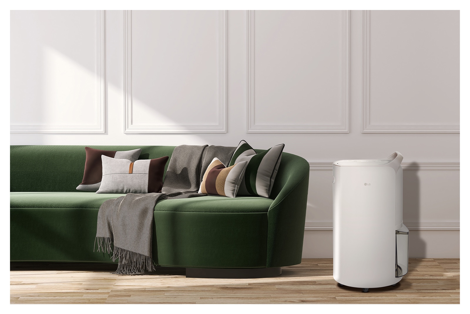 It shows calming beige color LG Puricare™ Dehumidifier is placed in a modern livingroom.