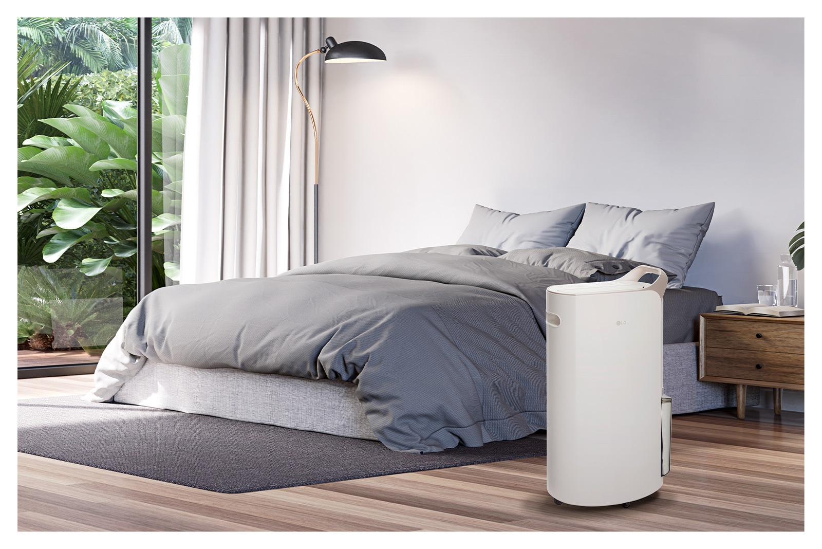 It shows calming beige color LG Puricare™ Dehumidifier is placed in a modern livingroom.