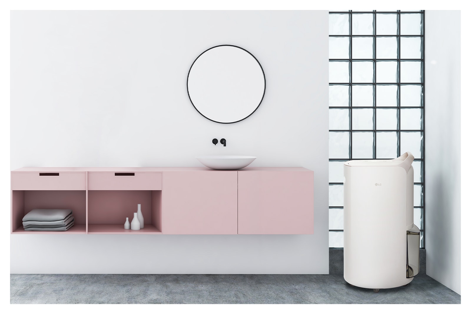 It shows calming beige color LG Puricare™ Dehumidifier Objet Collection is placed in a bathroom.