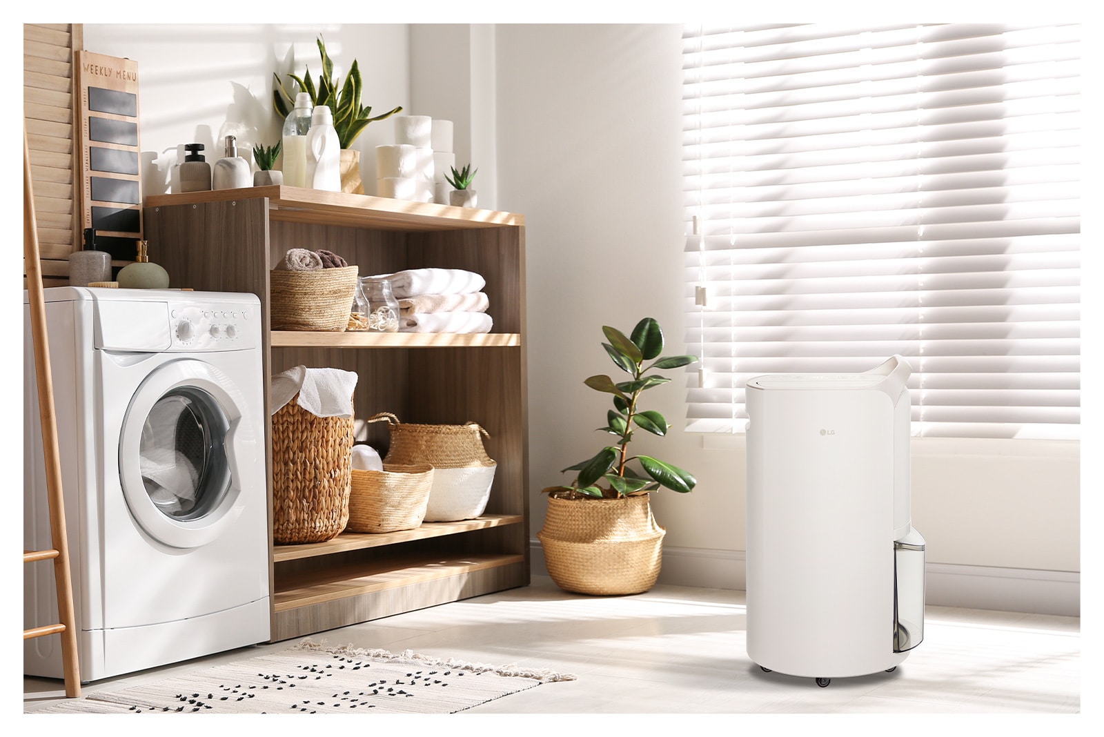 It shows calming beige color LG Puricare™ Dehumidifier Objet Collection is placed in a laundryroom.