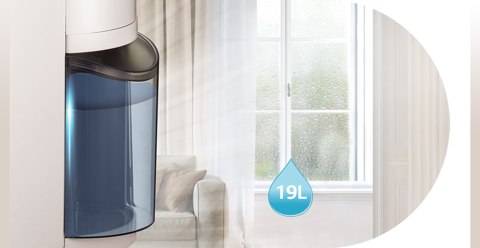 As the water tank of the dehumidifier gradually fills up, water bottles with a total capacity of 19L appear, showing that large-capacity dehumidification is possible.