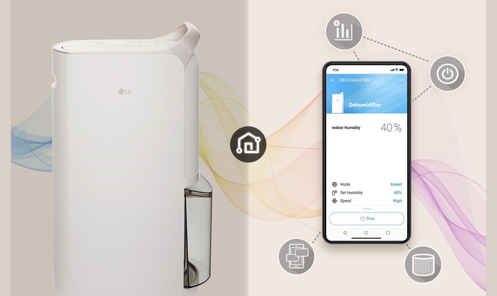 It shows dehumidifier and a mobile phone with the ThinQ screen displayed. There are icons around the phone introducing ThinQ features.
