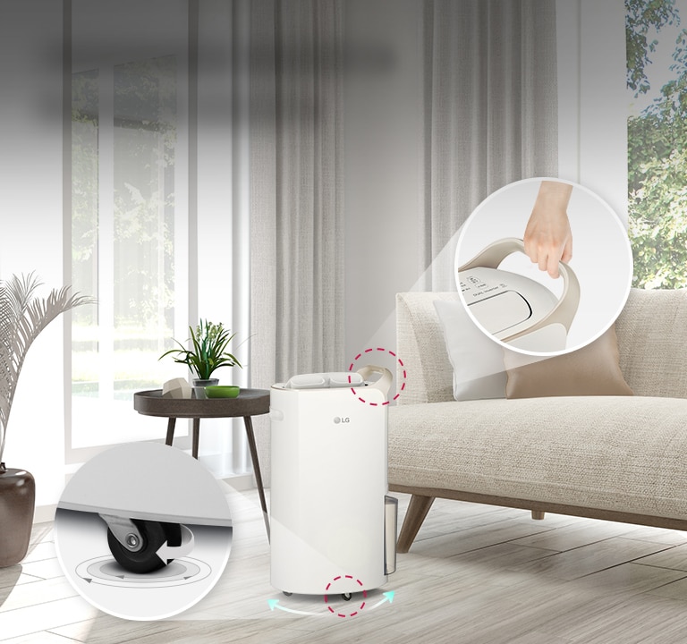 The handle and wheels of the dehumidifier are enlarged for easy viewing, and it is emphasized that it is convenient to move.