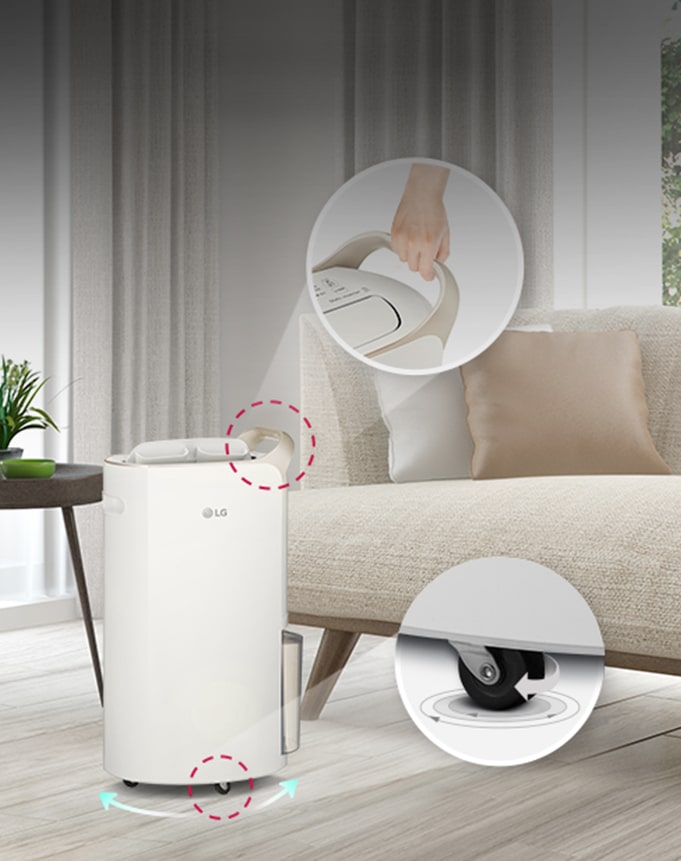 The handle and wheels of the dehumidifier are enlarged for easy viewing, and it is emphasized that it is convenient to move.