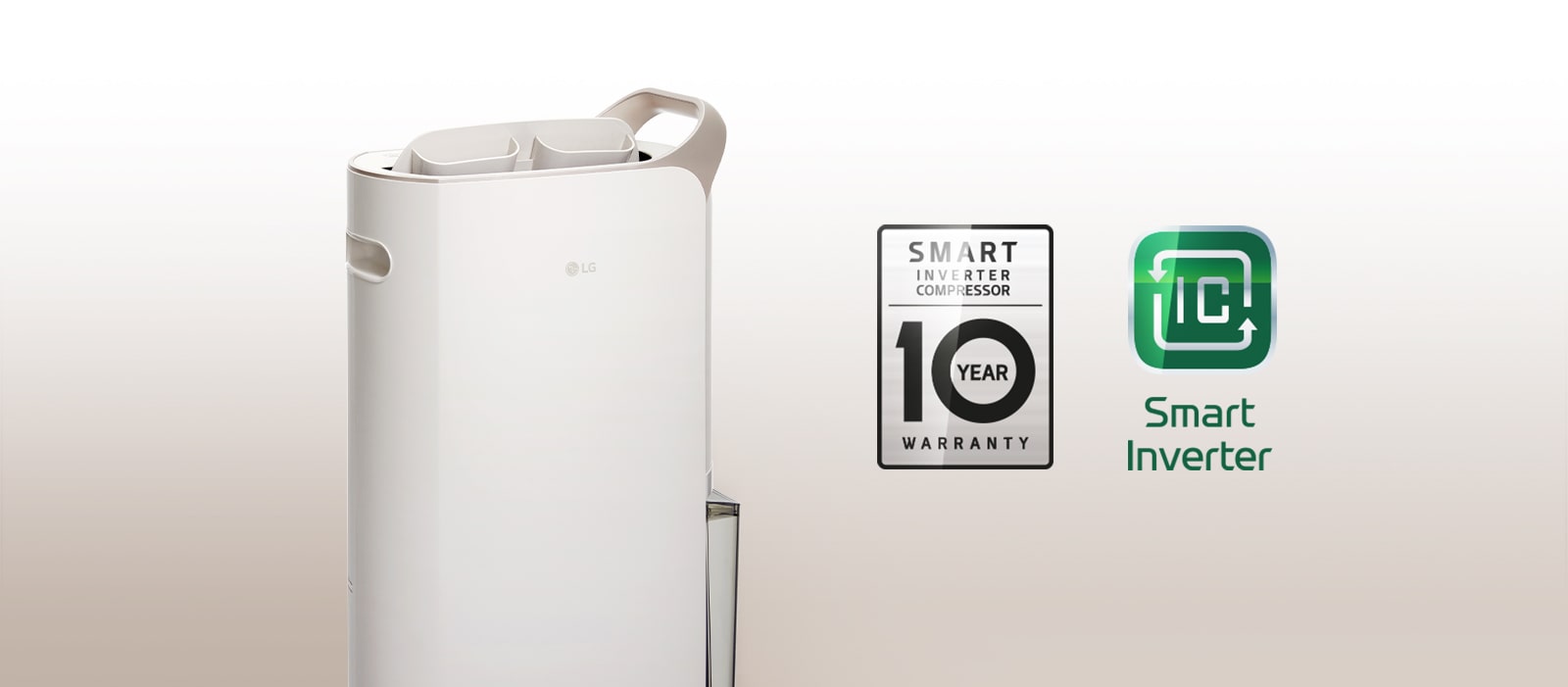 Dehumidifier product image and the logo of DUAL Inverter Compressor with 10 year warranty.
