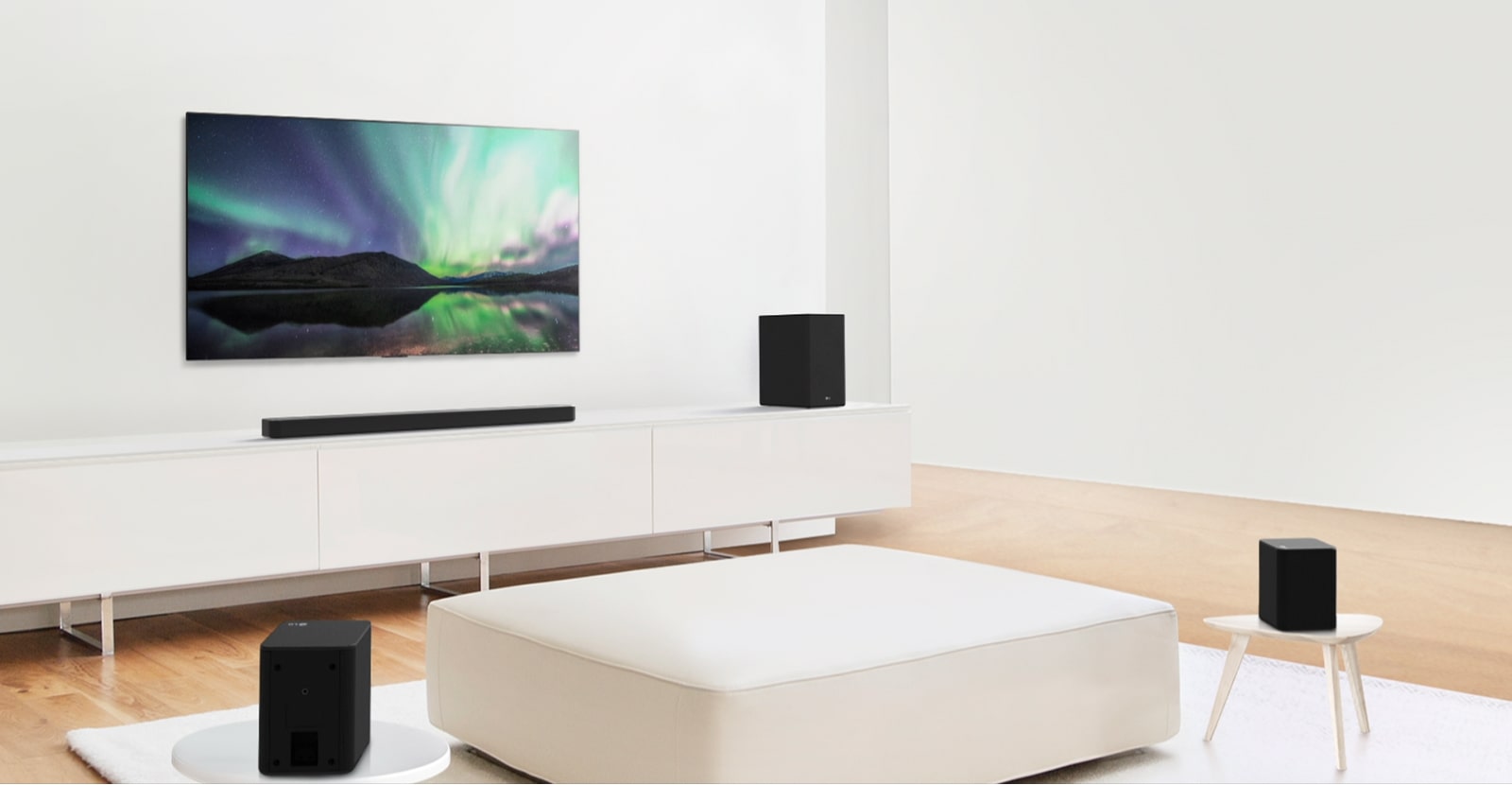 Video preview showing LG Soundbar in a white living room with 5.1.2 channel setup. 