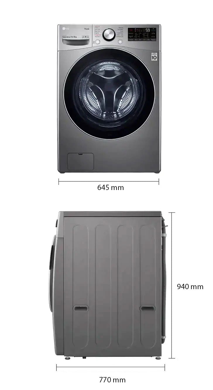 LG F0L9DGP2S Washer & Dryer | 15 / 8 Kg | Bigger Capacity | AI DD | Steam | ThinQ Washing Machine - Silver