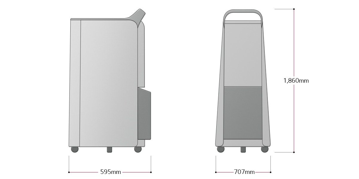 The model image of the Dehumidifier. W means Width, H means Height, D means Depth.