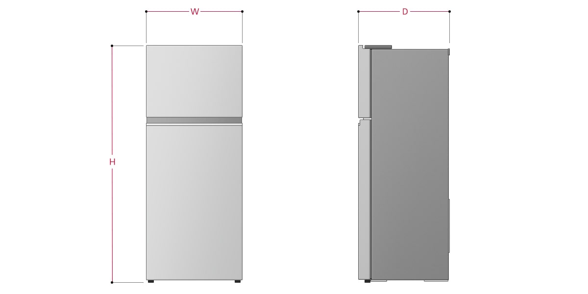 W means Width, D means Depth (excluding door handle), H means Height. 