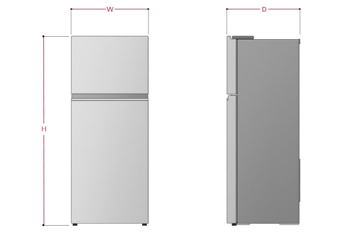 W means Width, D means Depth (excluding door handle), H means Height.
