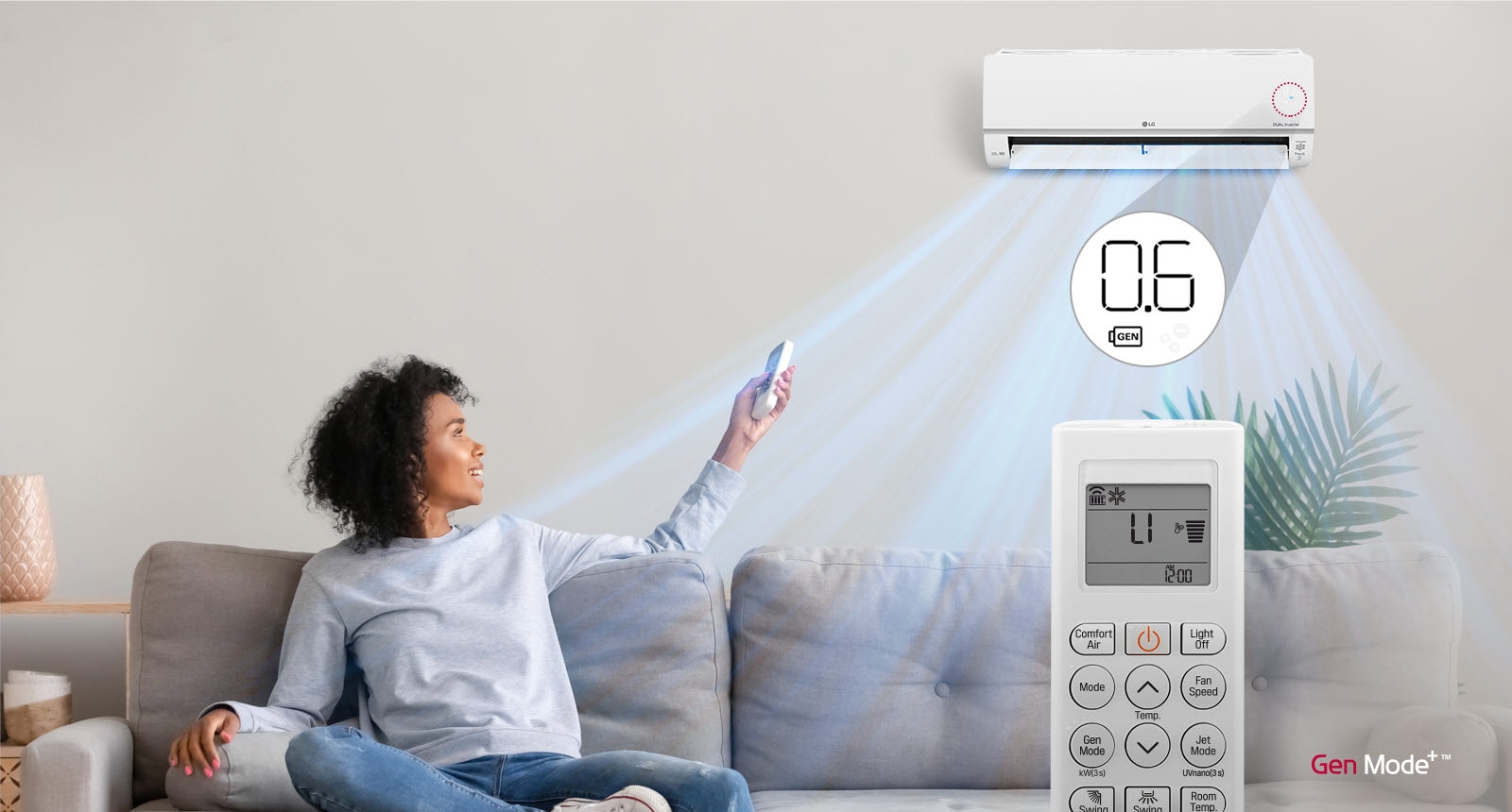 A still image shows a woman sitting on a couch with a remote control in her hand pointed up toward the air conditioner. Beneath the air conditioner is a circle with "0.6" and a battery with the letters "GEN" inside. The front view of the remote appears on the picture and the screen lights up as the buttons are pushed. The mode is changed and now the circle indicates the Gen Mode is "0.8". The button is pushed again and the Gen Mode becomes "1.0" in the circle above. The remote control buttons are pressed another tmie and the circle now says just "21" without the "GEN" battery icon. There is a GenMode+ icon in the corner.