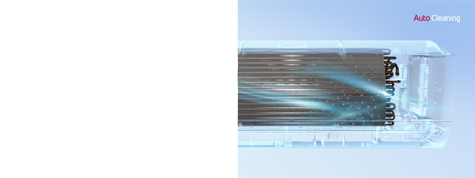 La vue de face du climatiseur LG avec l'extérieur complètement invisible afin que le fonctionnement interne de la machine soit visible. La machine fonctionne, puis une lumière bleue, le mécanisme de nettoyage automatique, s'allume et lave toute la machine avec une lumière bleue. Le logo AutoCleaning se trouve dans le coin supérieur droit.