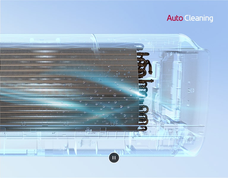 The front view of the LG air conditioner with the exterior completely invisible so the inner workings of the machine can be seen. The machine is working and then a blue light, the auto cleaning mechanism, turns on and washes across the machine with a blue light. The AutoCleaning logo is in the upper right corner.