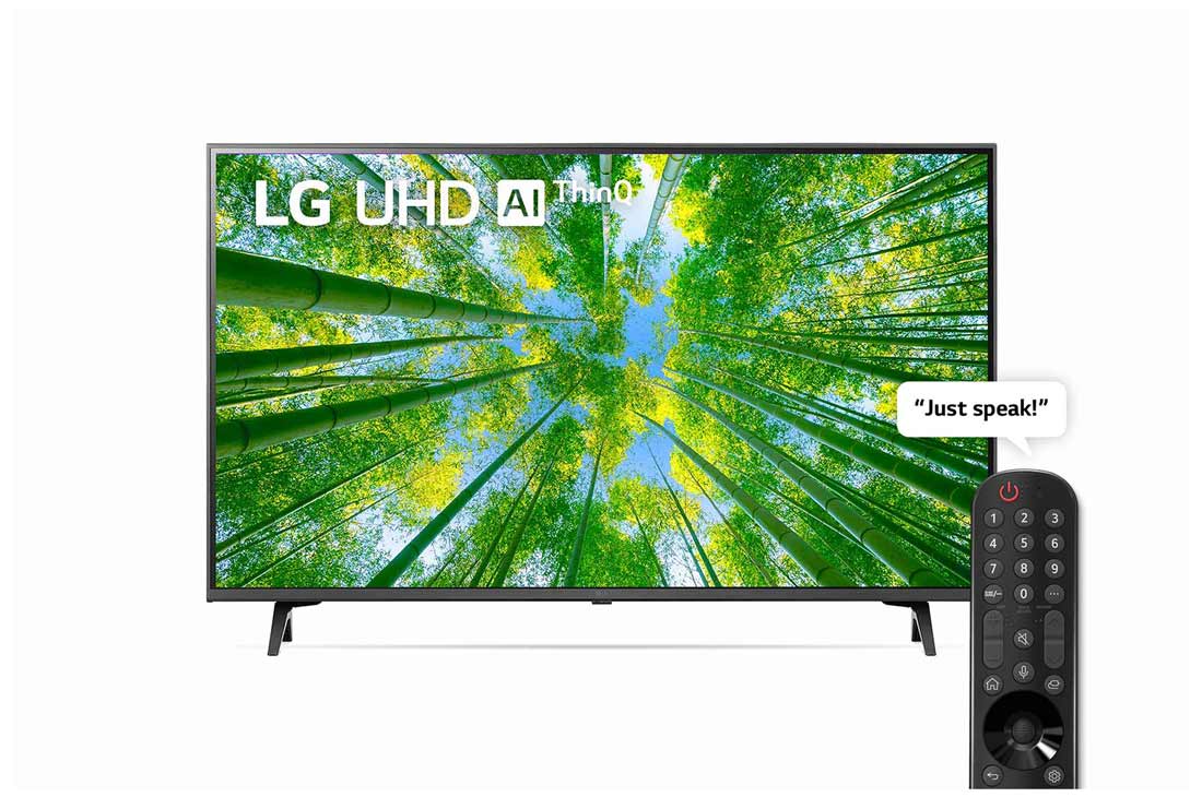 LG UHD 4K TV 2022 | 50 Inch | UQ8000 Series| WebOS | Smart AI ThinQ | Magic Remote | HDR10 Pro | Game Optimizer & Dashboard, A front view of the LG UHD TV with infill image and product logo on, 50UQ80006LD