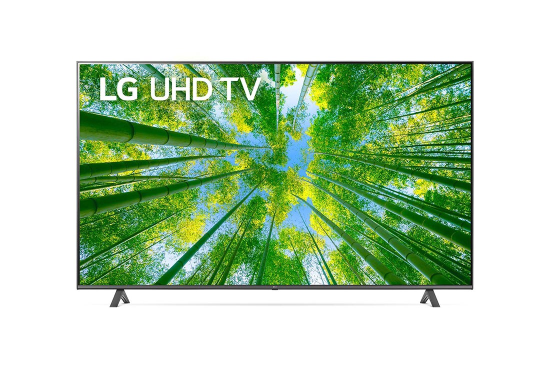 LG UHD 4K | 70 Inch | UQ80 Series| 4k Ultra HD | Cinema Screen Design | Active HDR | WebOS | ThinQ, A front view of the LG UHD TV with infill image and product logo on, 70UQ80006LD