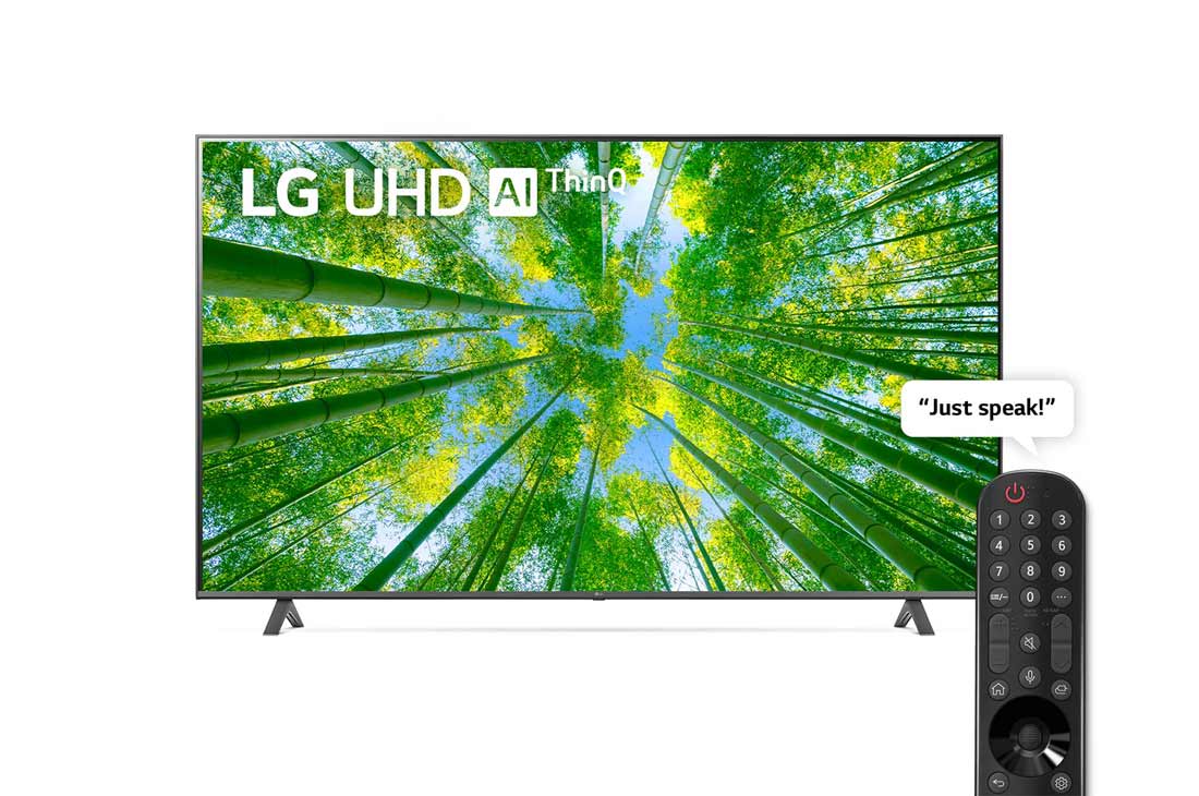 LG UHD 4K TV 2022 | 75 Inch | UQ8000 Series| WebOS | Smart AI ThinQ | Magic Remote | HDR10 Pro | Game Optimizer & Dashboard, A front view of the LG UHD TV with infill image and product logo on, 75UQ80006LD