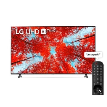 A front view of the LG UHD TV with infill image and product logo on1