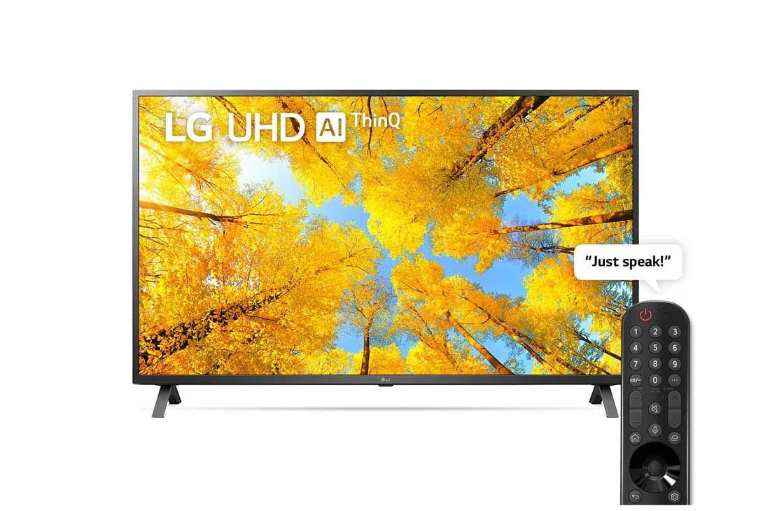 LG UHD 4K  | 65 Inch | UQ75 Series| 4k Ultra HD | Sleek & Slim Design | Active HDR | WebOS | ThinQ, A front view of the LG UHD TV with infill image and product logo on, 65UQ75006LG