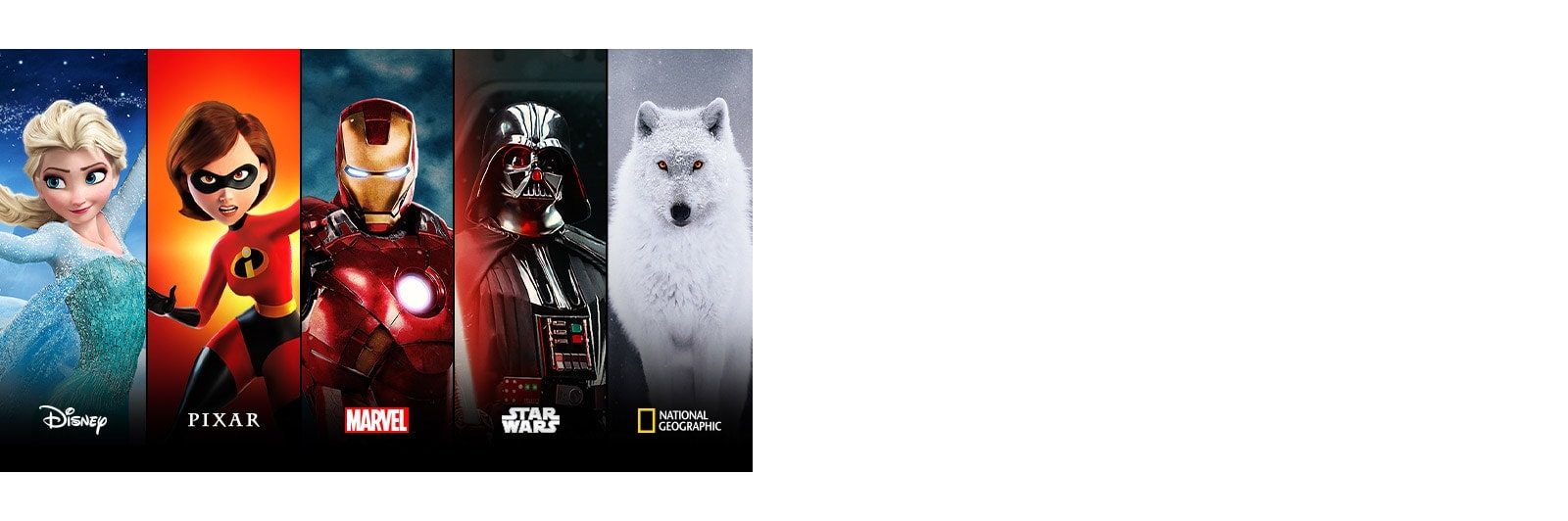 Disney Frozen, Pixar Incredibles, Marvel Iron Man, Star Wars, and National Geographic title cards