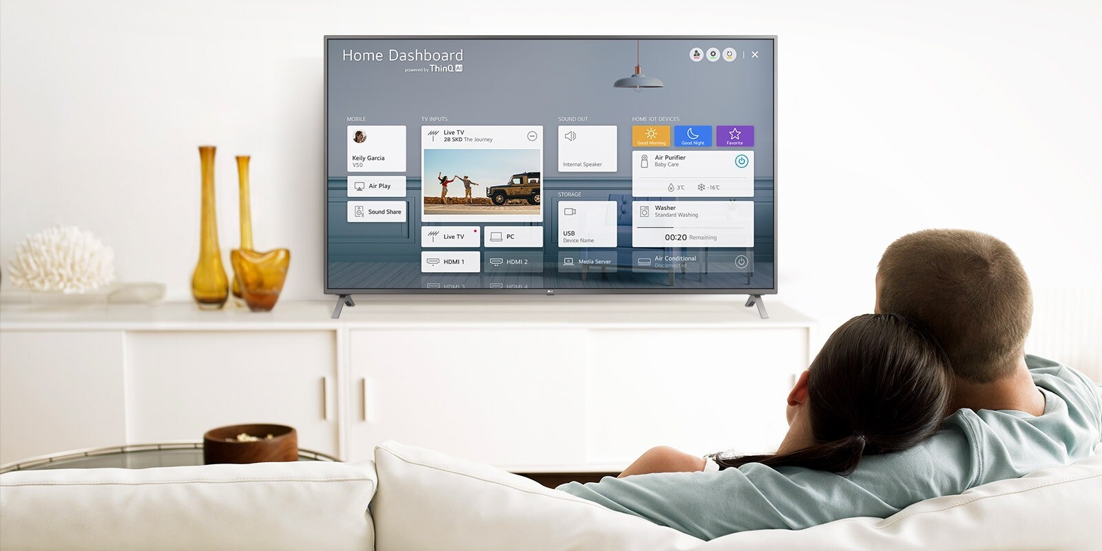 A men and women sitting on a sofa in the living room with the Home Dashboard on the TV screen