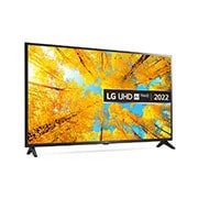 LG UHD 4K TV | 43 Inch | UQ75 series| WebOS | Smart AI ThinQ | Magic Remote | HDR10 Pro | Game Optimizer & Dashboard, 30 degree side view of the LG UHD TV with infill image and product logo on, 43UQ75006LG, thumbnail 2